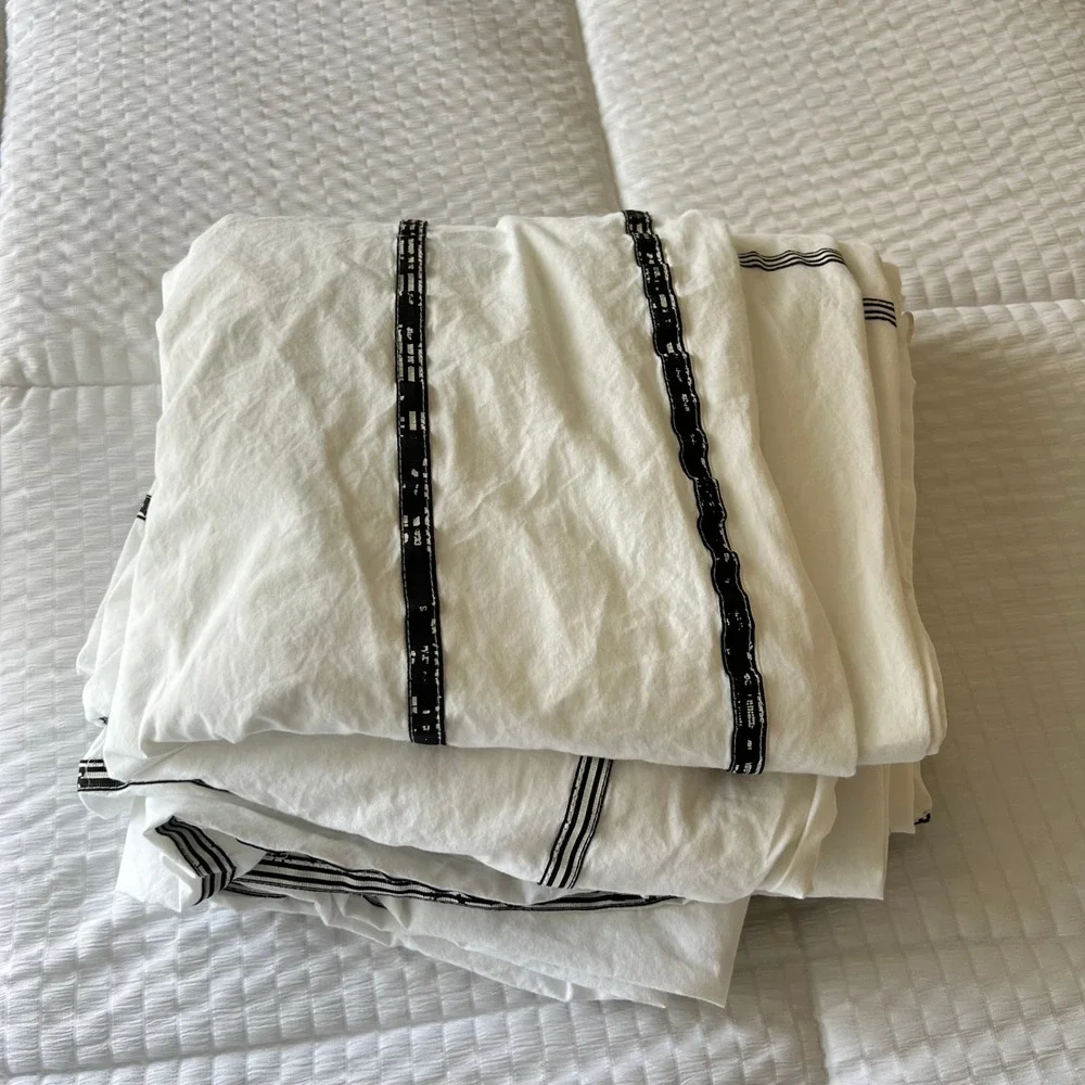 Hotel Collection Duvet Cover Queen White Black Ribbon Trim 100% Cotton Modern